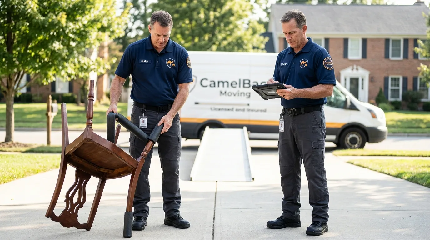 Movers inspecting furniture for damage prevention before loading in Sicklerville, NJ