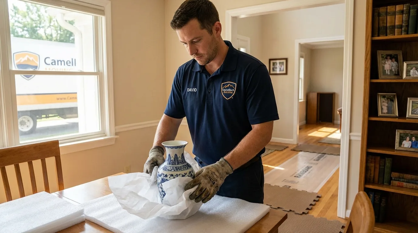 Professional crew carefully wrapping antique vase for senior downsizing move in Sicklerville, NJ